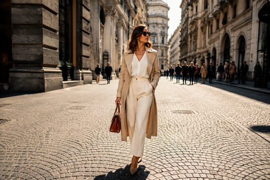 Femme élégante en rue pavée, mode féminine tendance, style personnel, Xx elle selon A WOMAN WE LOVE.