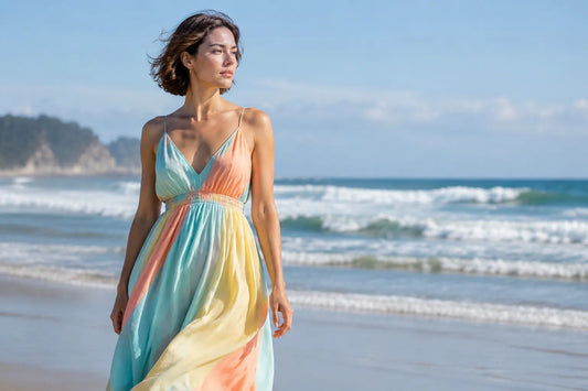 Femme en robe pastel turquoise, corail et jaune sur plage, reflet des tendances couleurs mode californienne 2026.