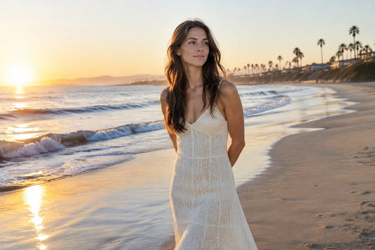 Femme vêtue de coton biologique sur plage californienne, reflet du style éthique féminin.