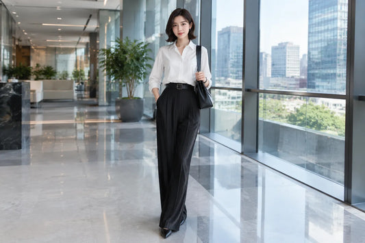 Femme portant un pantalon plissé noir dans un hall d’entreprise moderne.