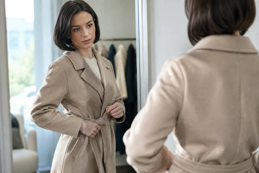 Femme essayant un manteau coupe droite devant le miroir, mettant l’accent sur le choix de la taille.