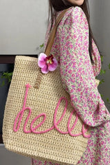 Sac cabas beige bohème HELLO à motif crochet et fleur amovible