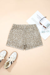 Short en jean beige à bords francs et imprimé léopard