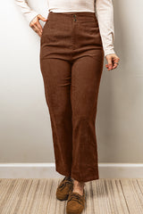 Pantalon droit marron en velours côtelé à taille élastiquée