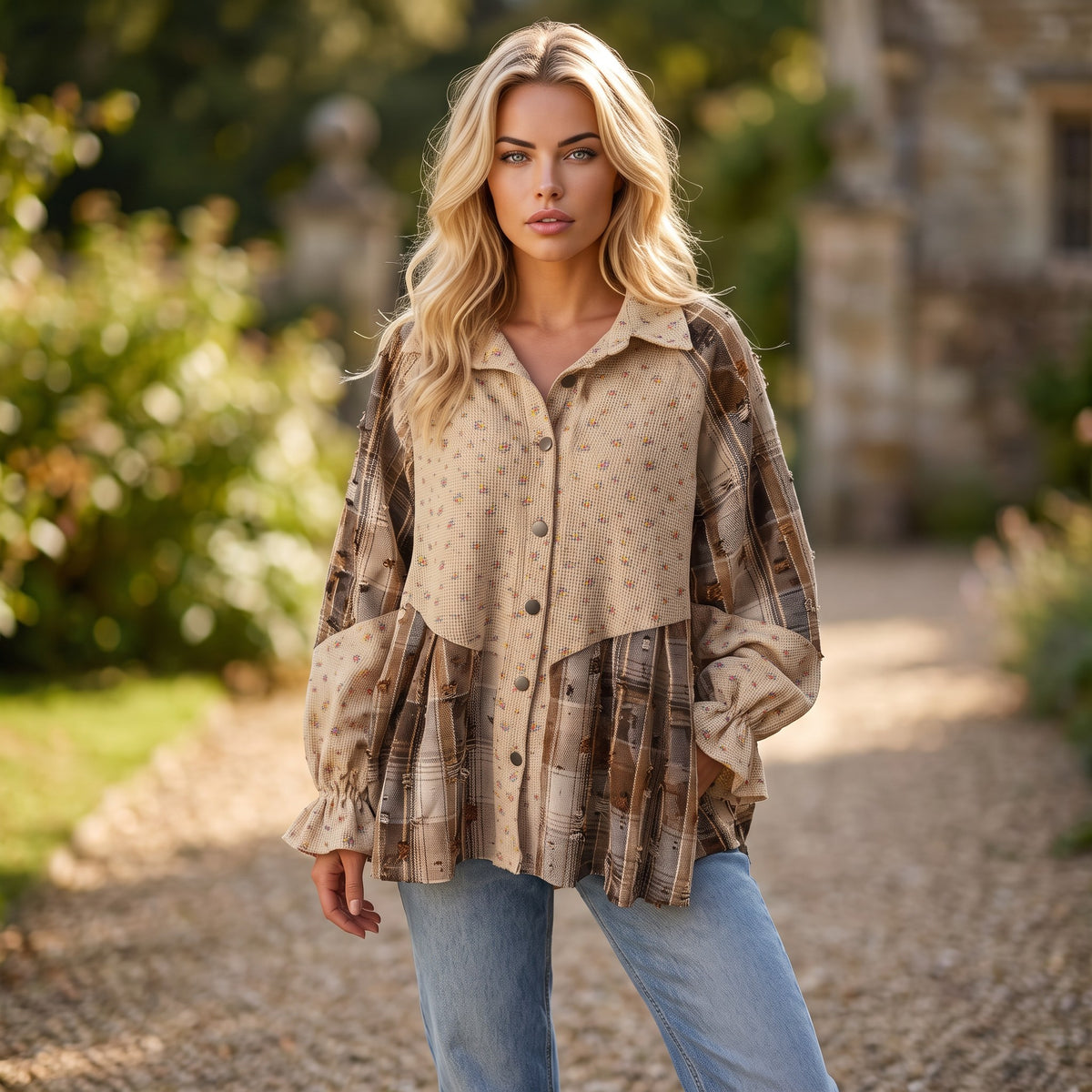 Veste-chemise beige à patchwork floral et manches volantées