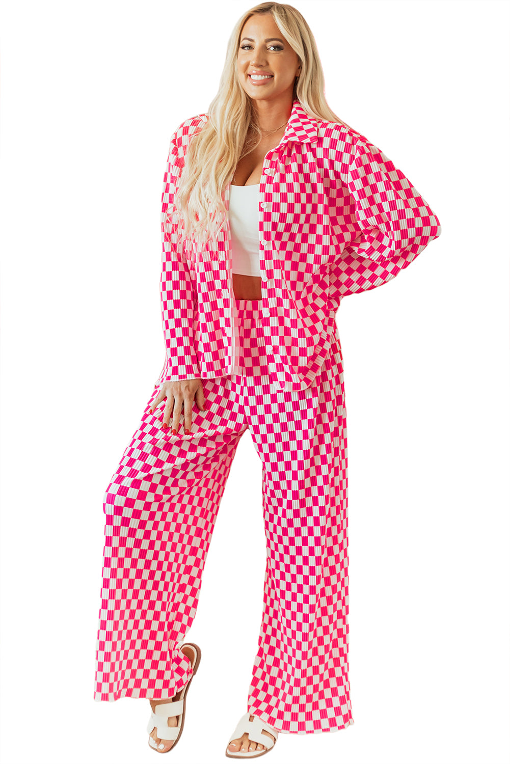 Ensemble pyjama chemise boutonnée à carreaux rose et pantalon taille haute-A WOMAN WE LOVE