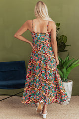 Robe longue noire à imprimé floral bohème à fines bretelles sans manches et taille haute