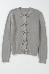 Cardigan boutonné en tricot côtelé gris philippin avec nœud sur le devant-A WOMAN WE LOVE