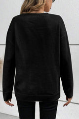 Black sweater with drooping shoulders and ribbed edges with Boo knitted pattern