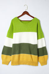 Plus Size Green Color Block Patchwork Sweater