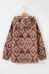 Plus Size Red Western Fashion Aztec Patterned High Neck Half Zip Hoodie