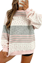 Sweat-shirt rose patchwork à fleurs, rayures et pois