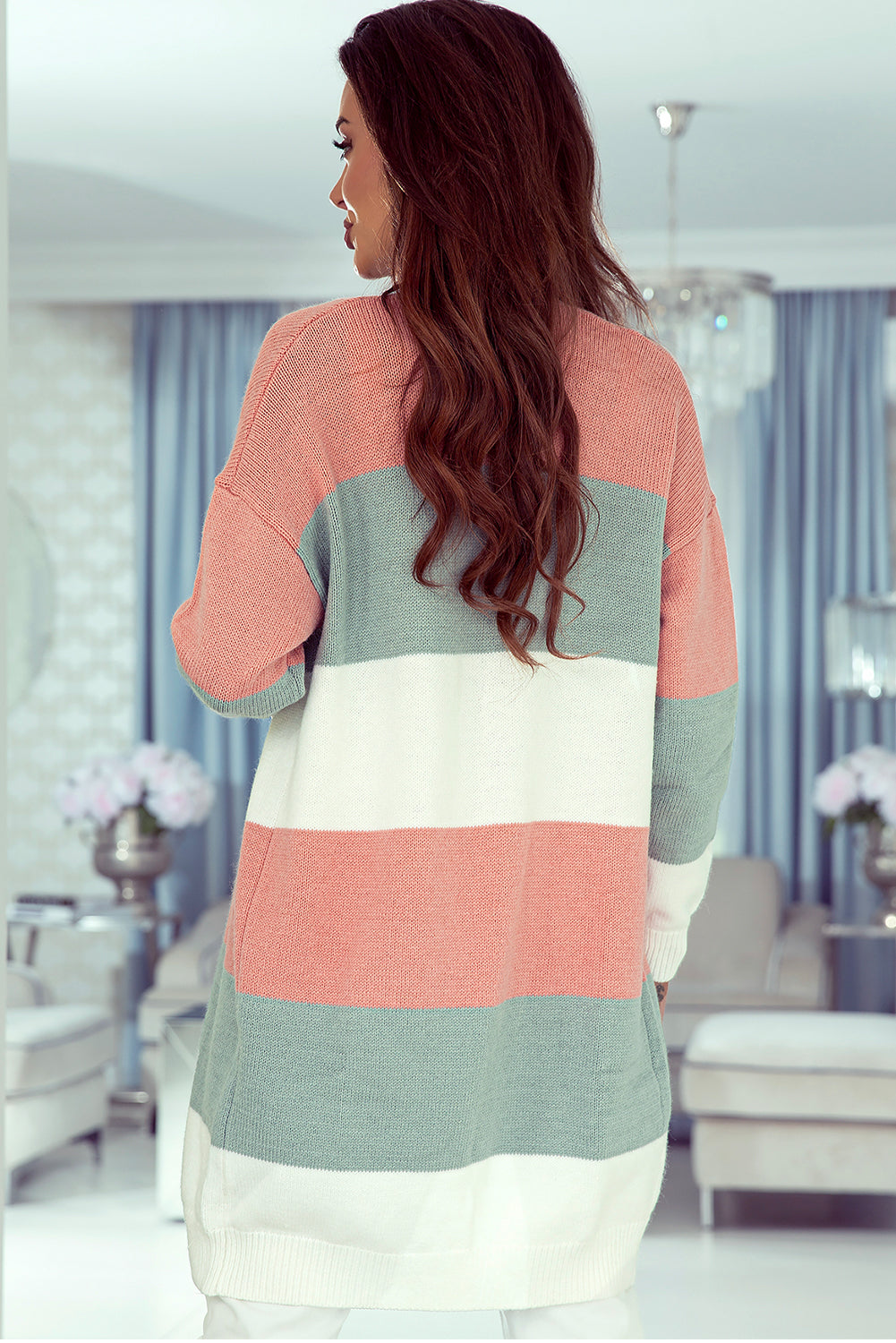 Cardigan ouvert sur le devant à rayures color block vert-A WOMAN WE LOVE