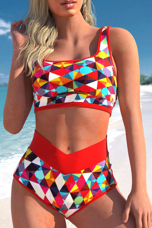 Bikini de talle alto con muesca y estampado geométrico de 2 piezas rojo fuego