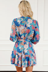 Robe chemise bleue ceinturée à manches lanternes et imprimé floral
