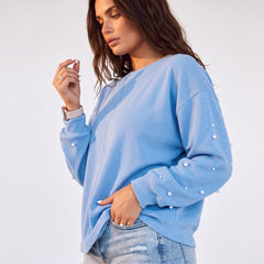 Sudadera con mangas de perlas y hombros caídos, cuello redondo