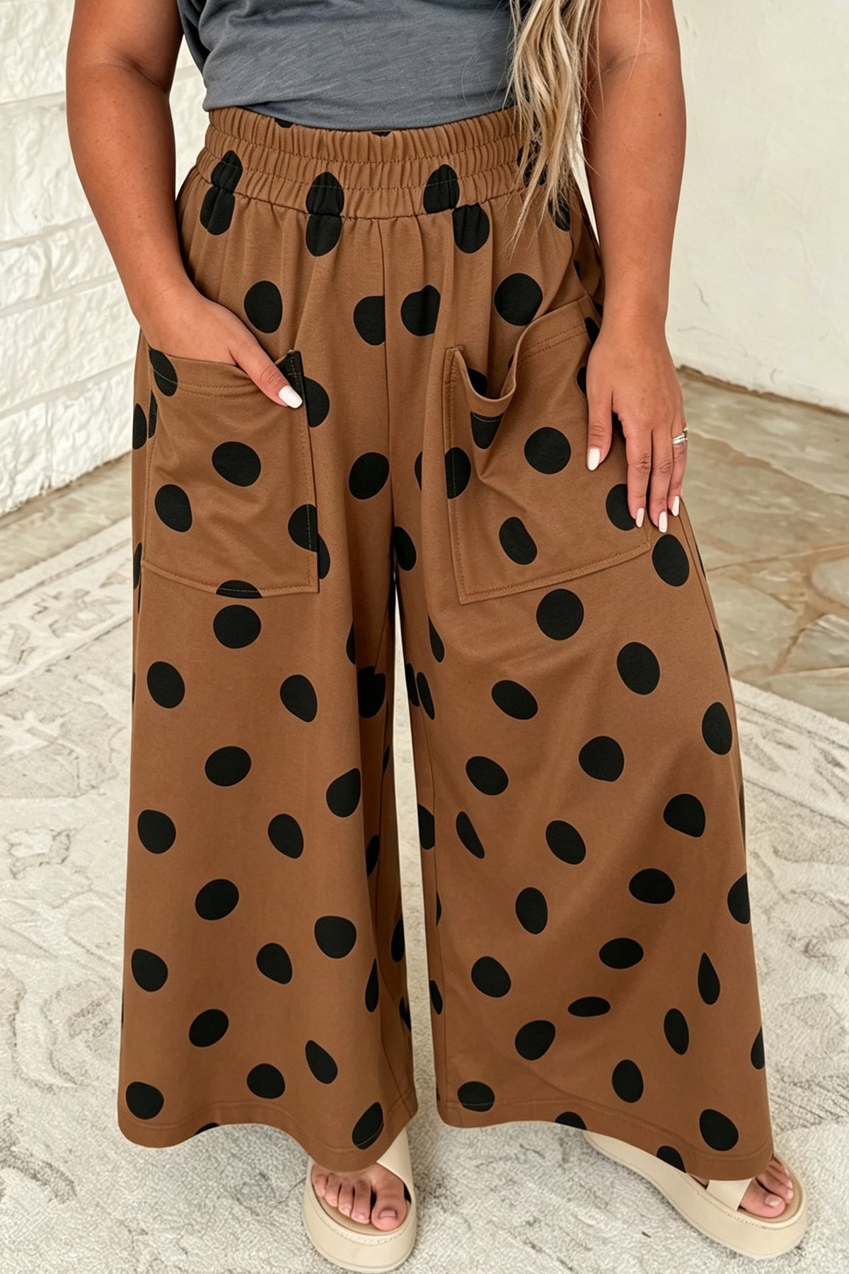 Pantalon large à pois grande taille à taille élastiquée et grandes poches