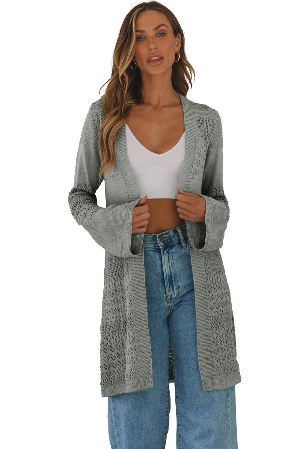 Cardigan gris ouvert sur le devant en maille pointelle-A WOMAN WE LOVE