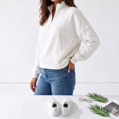 White zip-up sweatshirt with dropped shoulders