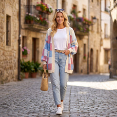 Light blue cardigan checked, drooping shoulders *