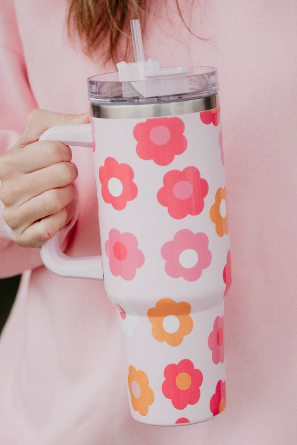 Stainless steel vacuum cup with handle with printing multicolored flowers 40oz