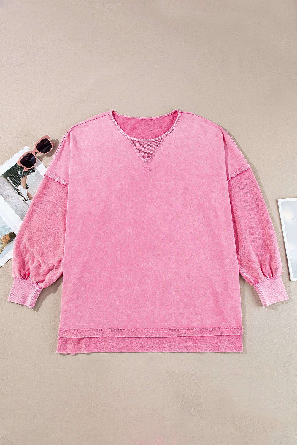 Rose - Plus Size Mineral Wash Drop Shoulder Crew Neck Sweatshirt