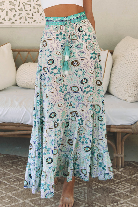 Falda larga con estampado floral boho azul cielo