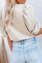 Light gray high with mid-long puffing sleeves with pearls and rhinestones