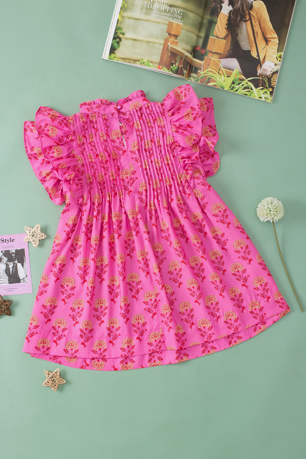 Chemisier plissé à volants et manches flottantes à imprimé floral rose rouge-A WOMAN WE LOVE