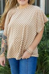 Kaki Damier Court Manches Chauve-Souris Col Rond Grande Taille T-shirt