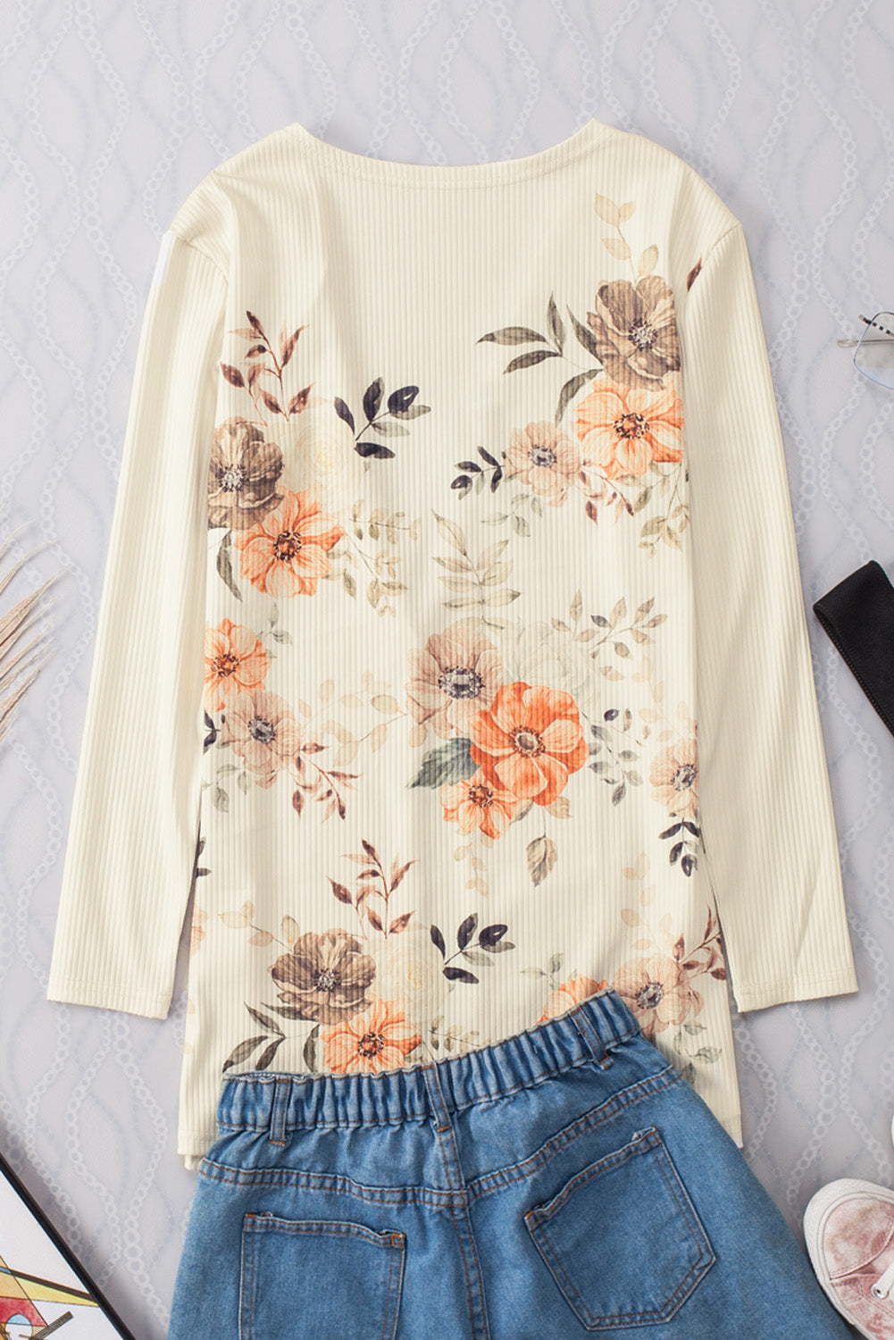 Cardigan coupe slim en tricot côtelé à imprimé floral abricot-A WOMAN WE LOVE