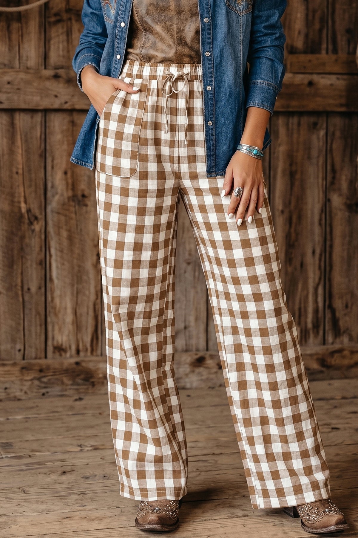 Pantalon ample en coton à carreaux vichy, taille élastiquée et lien