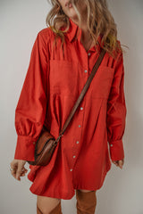 Tomato Red Bishop Sleeve Button Down Pleated Shirt Mini Dress