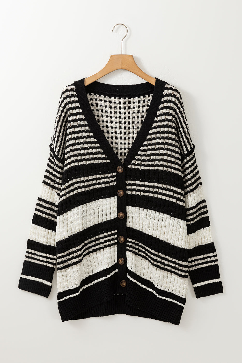 Cardigan boutonné en tricot texturé color block noir-A WOMAN WE LOVE