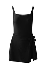 Robe de bain une pièce noire à taille nouée sur le côté, col carré, bretelles réglables, ligne A