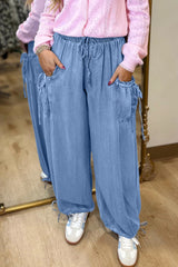 Pantalon en denim ample avec poches et taille élastique avec cordon de serrage Beau Blue