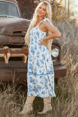 Robe longue sans manches à imprimé floral bleu ciel