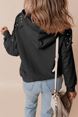 Black Raglan Sleeve Solid Color Rivets Hoodie with Pocket
