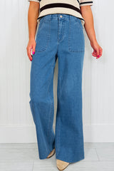 Jean extensible rétro délavé bleu crépuscule avec poche plaquée