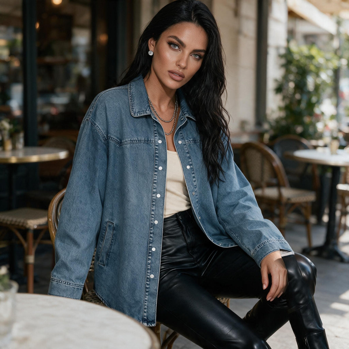 Veste longue en jean bleu à col chemise et boutons-pression