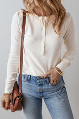 White Long Sleeve Top with Solid Color Waffle Half Button