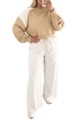 Ensemble beige grande taille à manches à pois et pantalon large à cordon