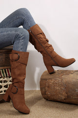Bottes mi-mollet marron à double boucle et zip latéral, effet daim