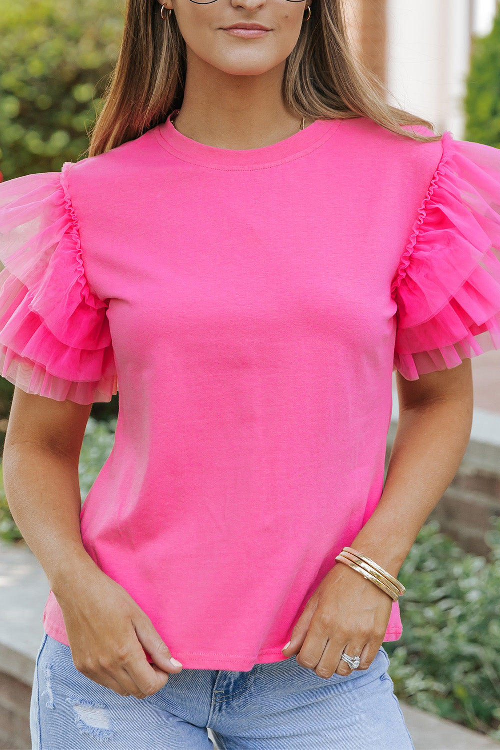 Blouse rose à manches volantées en tulle-A WOMAN WE LOVE