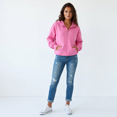 Bonbon Fleece Lined Loose Fit Half Zip Hoodie with Kangaroo Pockets