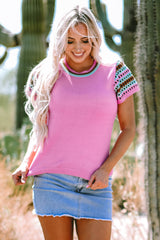 Round neck sweater and short -printed prints contrasting bright pink