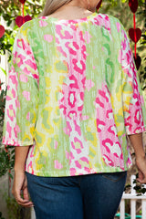 Camiseta de punto de ronda redonda multicolor en bloque de color de leopardo de gran tamaño