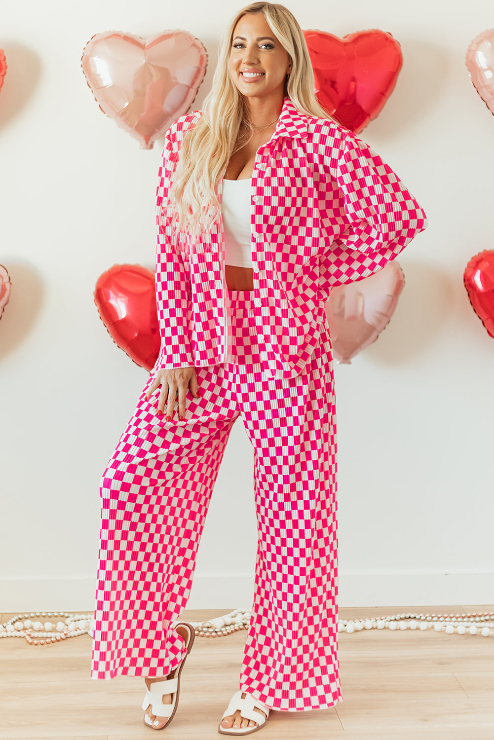 Ensemble pyjama chemise boutonnée à carreaux rose et pantalon taille haute-A WOMAN WE LOVE