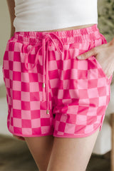 Short décontracté à taille élastique avec cordon de serrage à carreaux rose