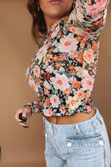 Top short slim with long sleeves in orange floral mesh